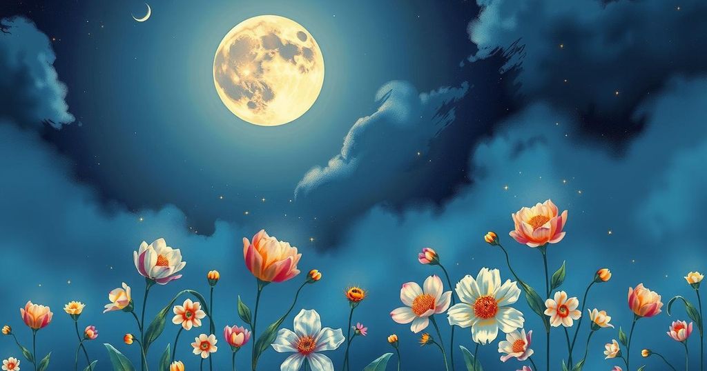 A tranquil night sky with a bright full moon surrounded by blooming flowers, highlighting the Scorpio season.