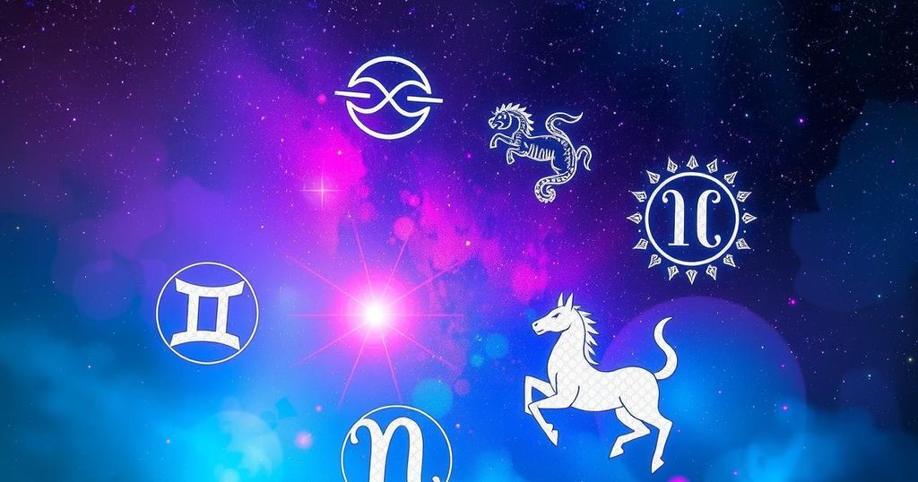 Astrological symbols and cosmic elements representing zodiac signs on a vibrant background.