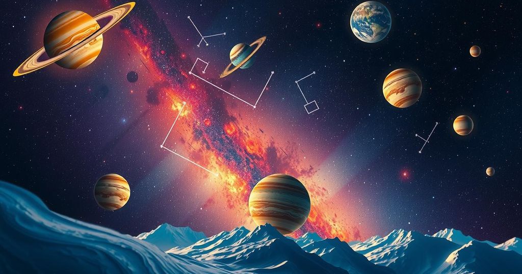 A celestial scene depicting planets with bright colours and constellations, representing a mystical zodiac theme.