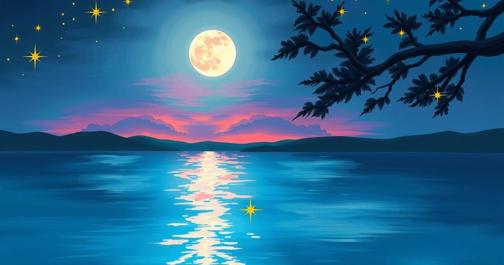 A celestial scene with a shimmering Venus over a tranquil lake, surrounded by ethereal colours and starry skies.