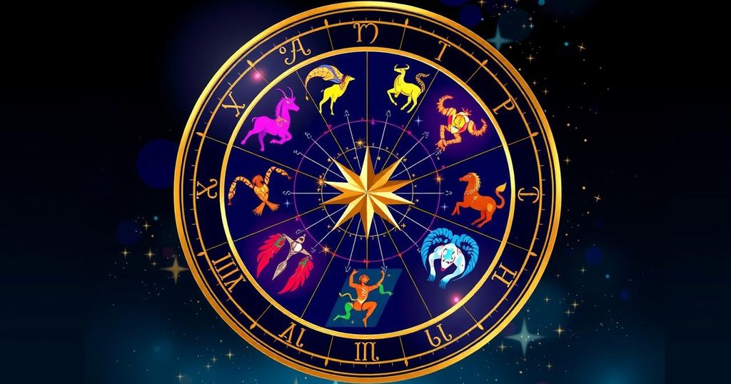 A colourful zodiac wheel showcasing astrological signs and symbols against a celestial background.