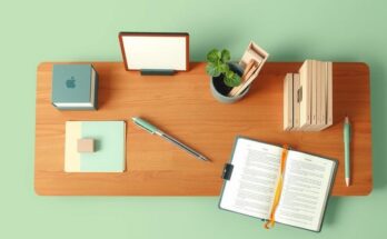 A minimalist workspace with plants, journals, and a tidy organisation reflecting productivity and well-being.