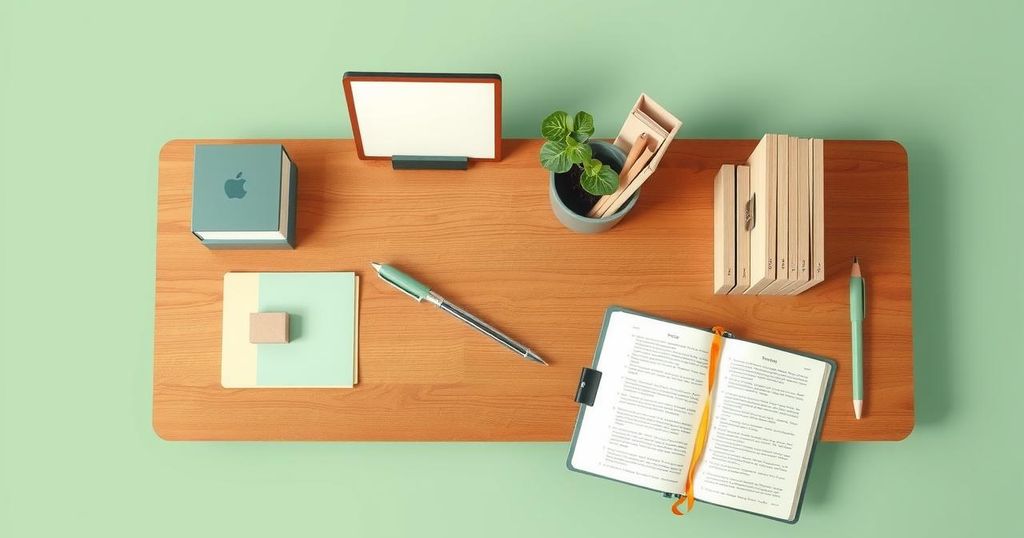 A minimalist workspace with plants, journals, and a tidy organisation reflecting productivity and well-being.