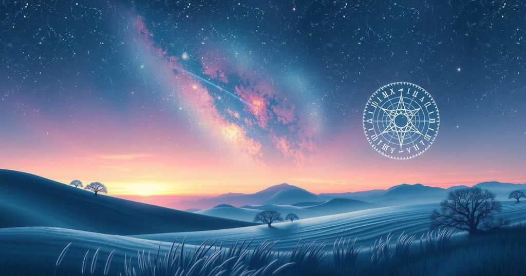 A serene evening scene with a starry sky, astrological symbols, and a peaceful landscape, evoking tranquility and reflection.