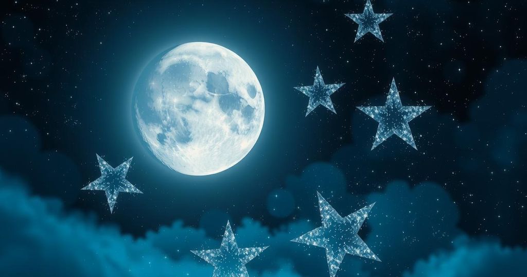 A vibrant celestial scene with a full moon and twinkling stars, symbolising horoscopes and astrology.