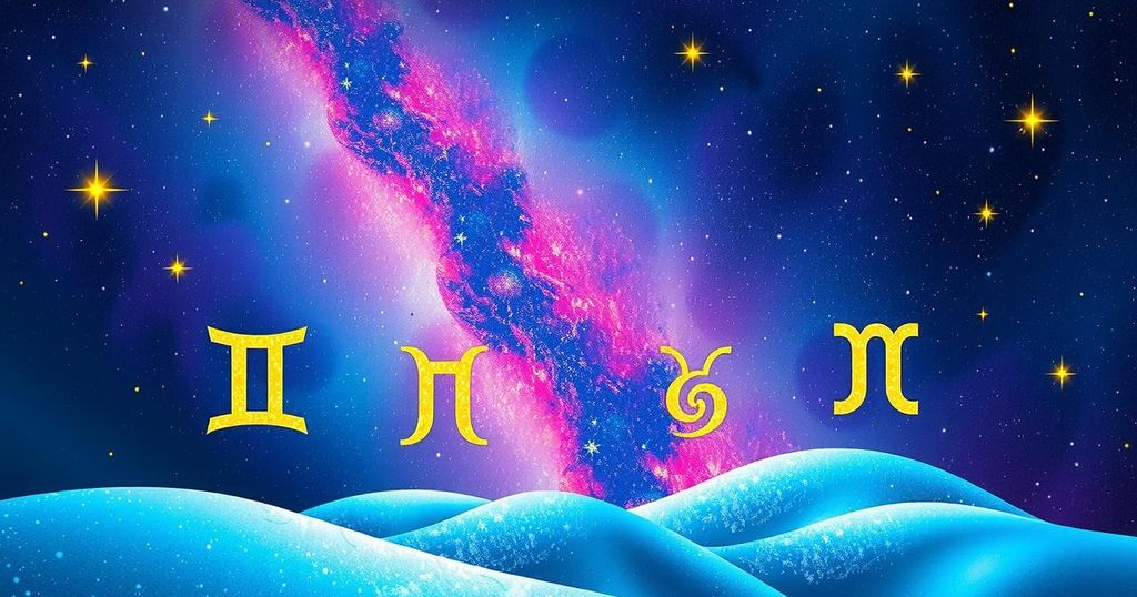 Astrological symbols of zodiac signs on a celestial background, with bright vivid colours and sparkling stars.