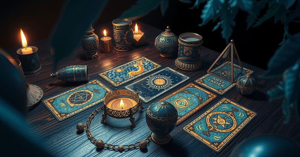 Tarot card spread with celestial backdrop and zodiac symbols, representing astrology and fortune telling.