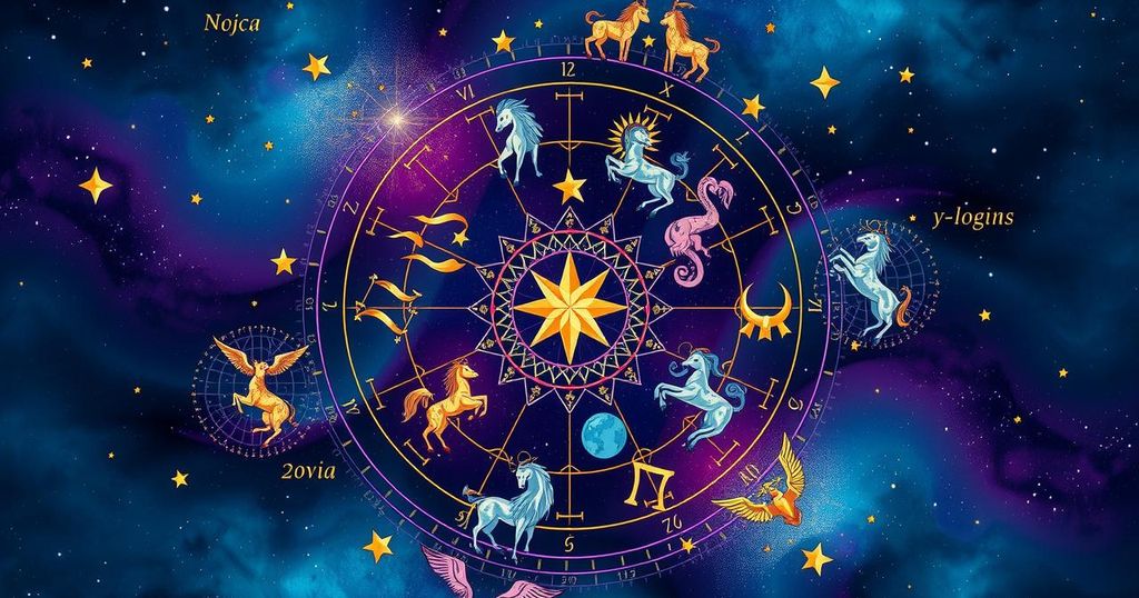 Colourful zodiac symbols surrounded by celestial elements, reflecting astrological insights and guidance.