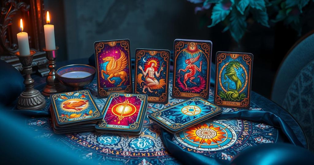 A mystical tarot deck with vibrant cards depicting zodiac signs in an enchanting setting.