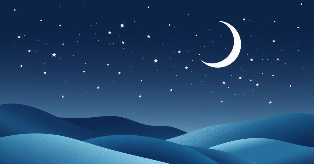 A serene astrological scene with zodiac symbols and a crescent moon shining over tranquil landscapes.
