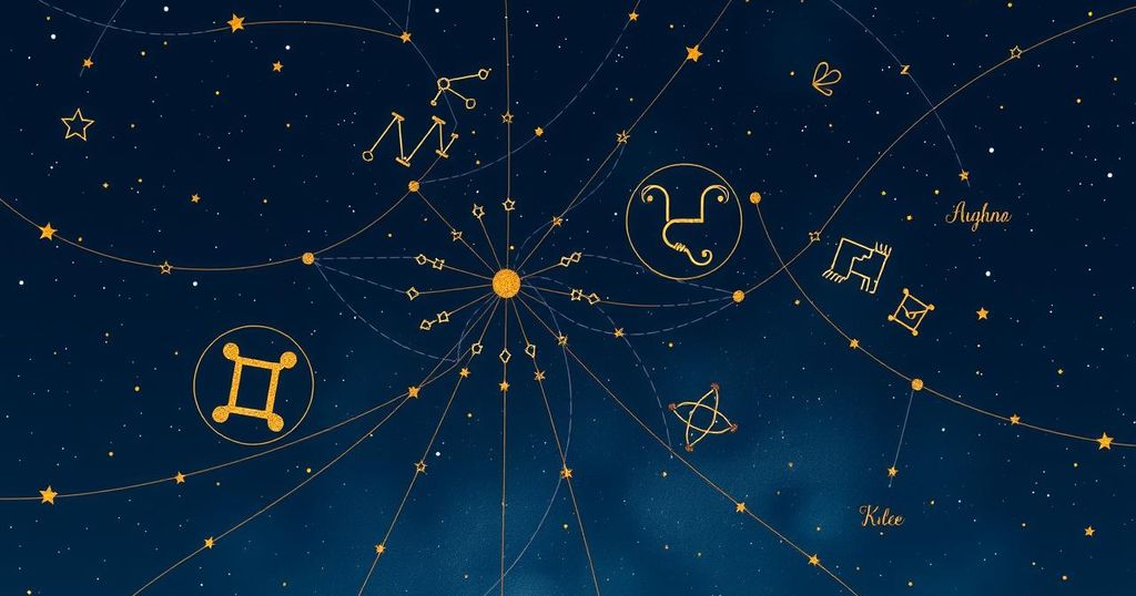Starry night sky with zodiac symbols amidst a cosmic backdrop, showcasing astrology and celestial themes.