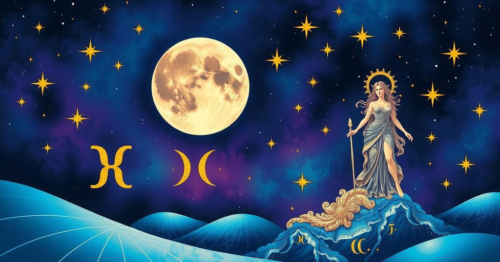 Cosmic scene with Gemini Moon and retrograde Venus backdrop, showcasing astrological symbols and vibrant celestial colours.