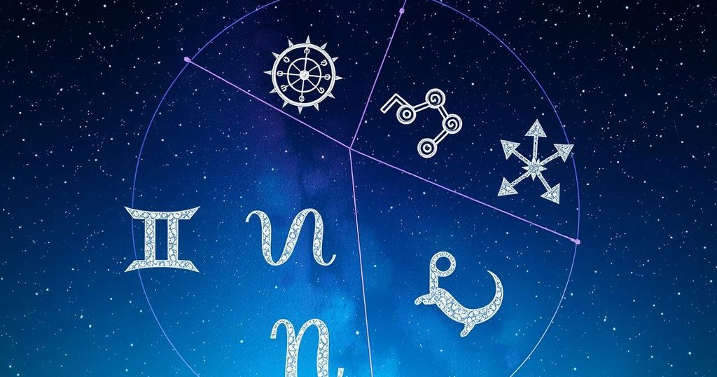 Astrological symbols in a starry night sky, featuring zodiac constellations and celestial bodies.