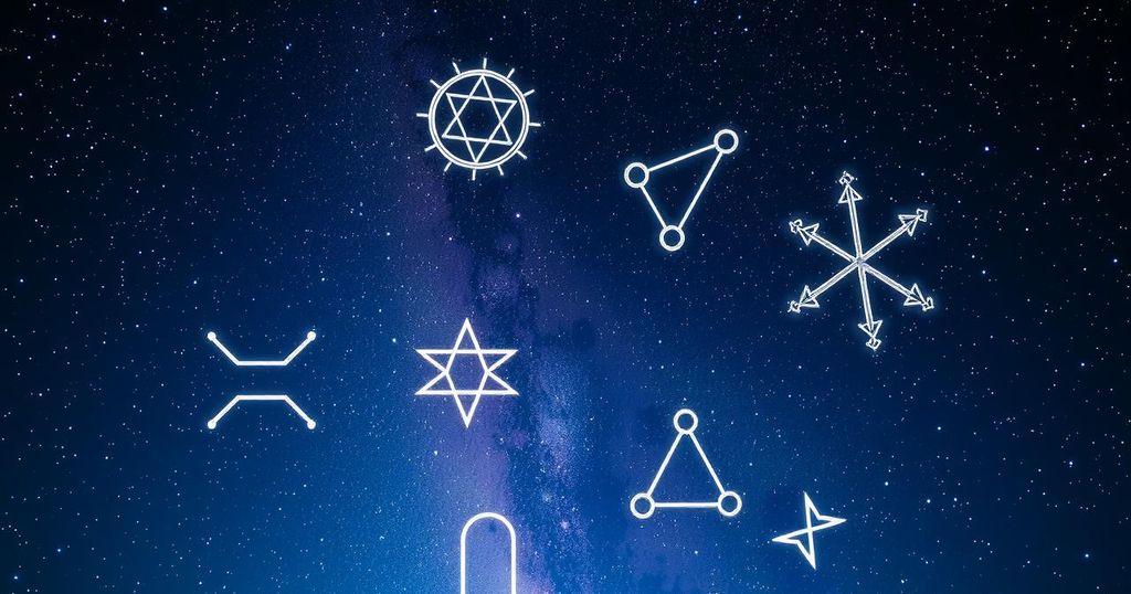 Astrological symbols and constellations against a starry night sky, reflecting zodiac signs and their traits.