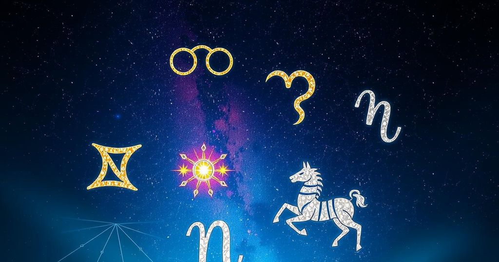 Astrological symbols with zodiac signs against a starry background, representing daily horoscope predictions