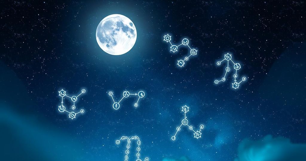 A starry night sky with zodiac constellations and a bright new moon, radiating positive energy and transformation.