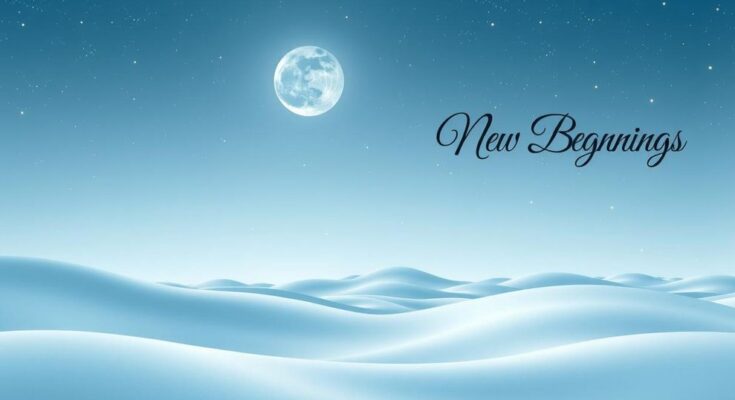 A tranquil scene with celestial elements symbolising harmony and new perspectives, featuring soft blue and white tones.
