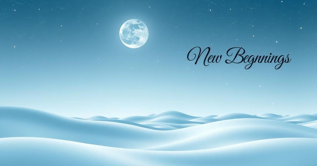 A tranquil scene with celestial elements symbolising harmony and new perspectives, featuring soft blue and white tones.