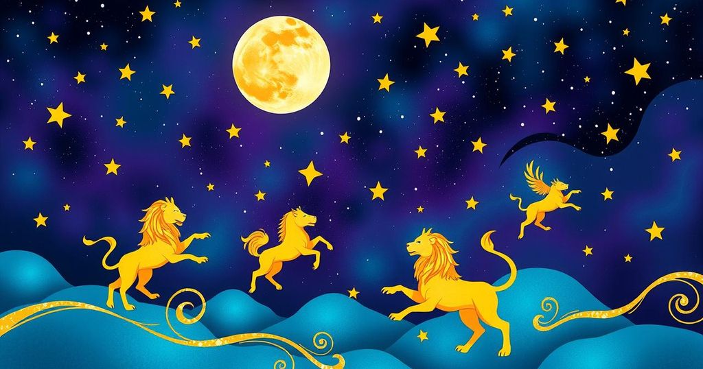 Zodiac signs representation with astrological symbols under a Leo Moon, vibrant colours with celestial motifs.