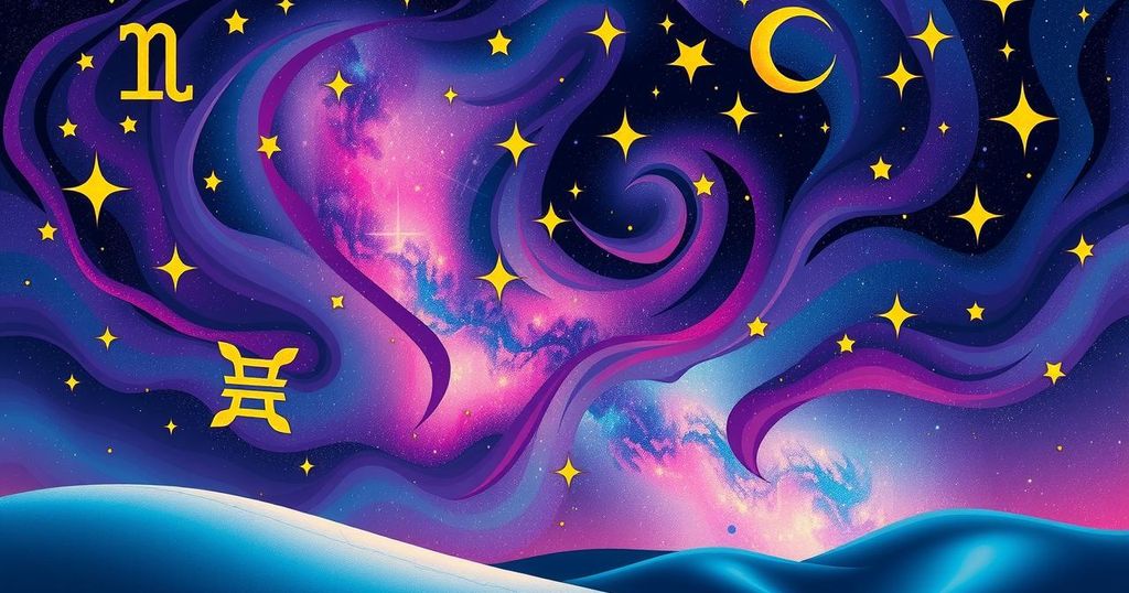 Two astrological symbols representing Scorpio and Leo in vibrant colours under a starry night sky.