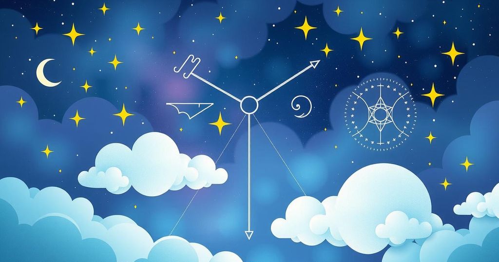 Astrological symbols with a cosmic background and calming colours representing self-reflection and growth.