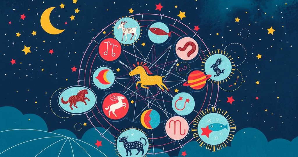 Astrological predictions and horoscopes for various zodiac signs with bright colour themes.
