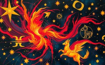 Astrological symbols radiating energy in a vibrant cosmic scene with fire colours representing good fortune.