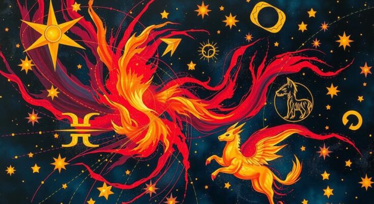Astrological symbols radiating energy in a vibrant cosmic scene with fire colours representing good fortune.