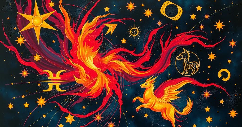 Astrological symbols radiating energy in a vibrant cosmic scene with fire colours representing good fortune.