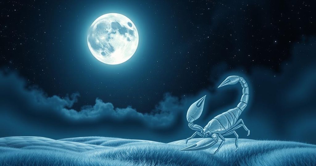 A celestial scene with a full moon in Scorpio revealing starry night sky, representing zodiac signs and energy of change.