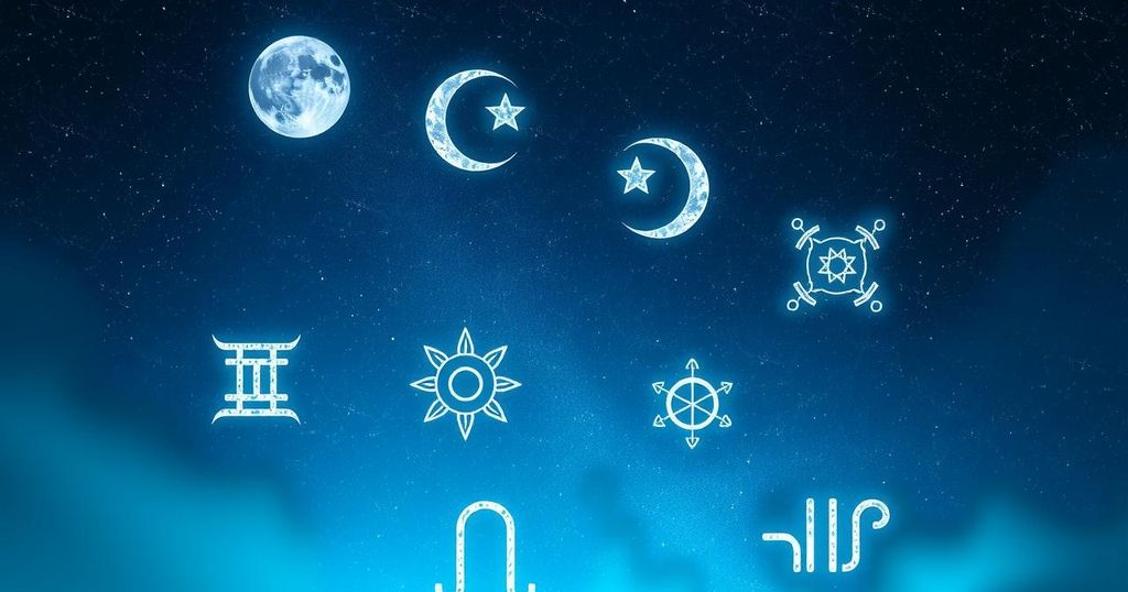 Astrological symbols with a cosmic background, showcasing a lunar cycle and twinkling stars.