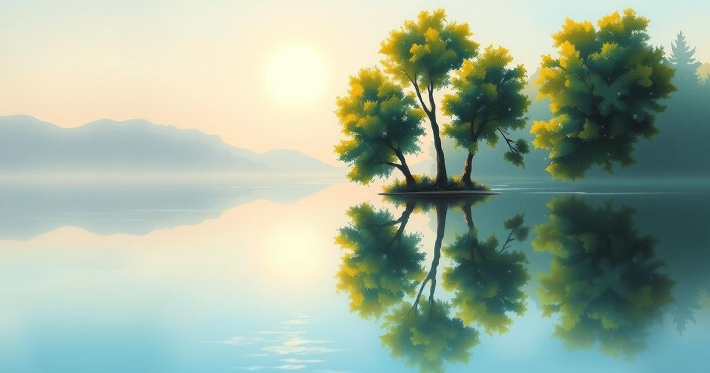 A serene landscape with tranquil waters reflecting trees, symbolising healing and calmness, in soft pastel colours.