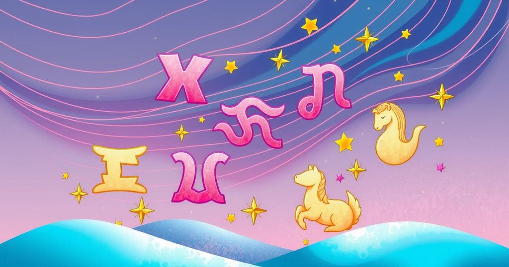 A vibrant illustration representing the astrological themes of exploration and creativity with zodiac symbols and abstract elements.