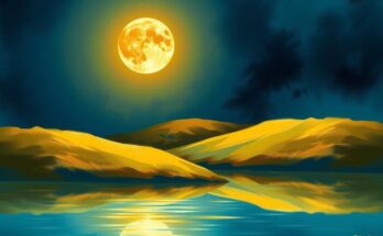 A celestial scene with a vibrant moon in Leo illuminating a serene landscape, symbolizing decision-making in love.