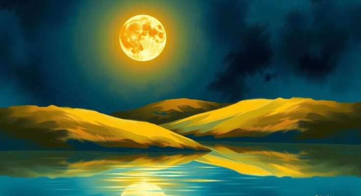 A celestial scene with a vibrant moon in Leo illuminating a serene landscape, symbolizing decision-making in love.