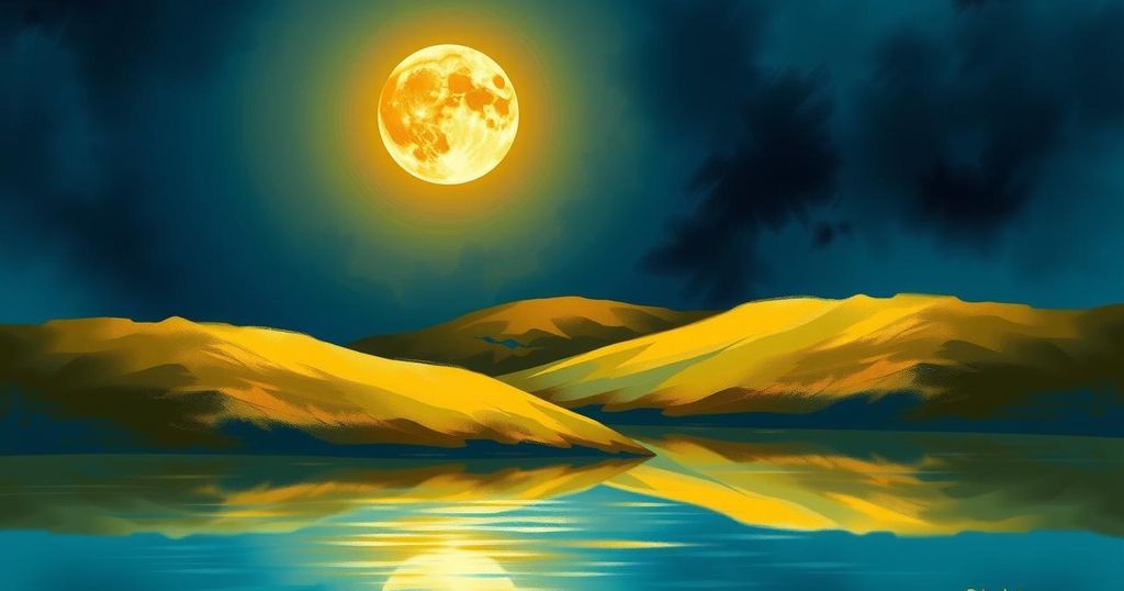 A celestial scene with a vibrant moon in Leo illuminating a serene landscape, symbolizing decision-making in love.