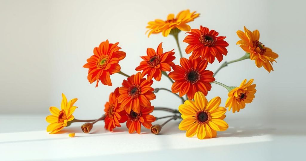 A serene still life of vibrant saffron-hued flowers in a minimalist setting, reflecting harmony and maturity.