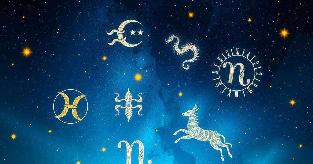 A celestial-themed image with zodiac symbols intertwined in a starry night sky, rich in blues and golds.
