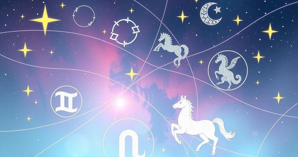 A serene celestial scene featuring stars, constellations and zodiac symbols in soothing pastel colours.
