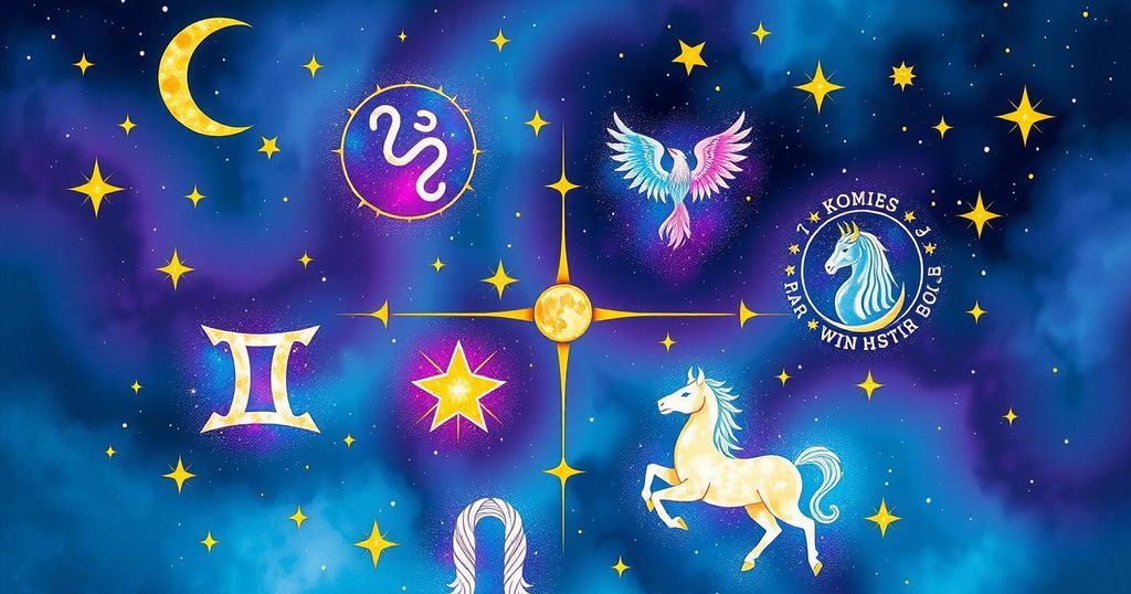 Astrological symbols representing each zodiac sign surrounded by celestial elements and vibrant colours.
