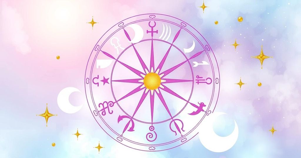 Astrological symbols representing zodiac signs in soft pastel colours with celestial motifs and gentle textures.
