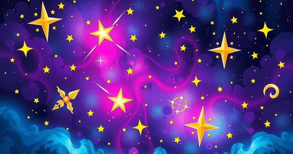 Bright celestial scene with zodiac symbols, abstract stars, and vibrant colours representing astrological energy.