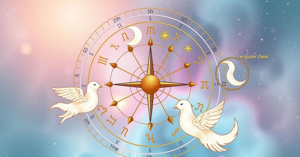 Astrology chart with zodiac signs, stars, and celestial bodies in pastel colors, representing May 5 birthday horoscope themes.