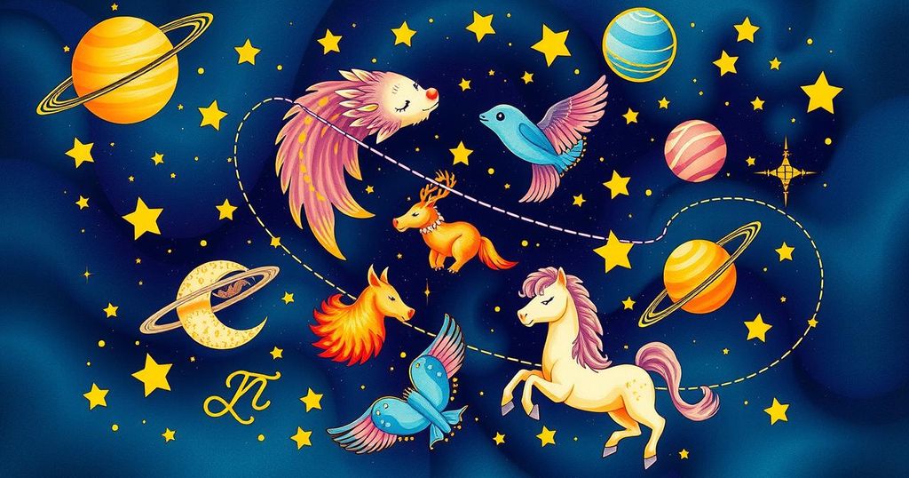 A colourful horoscope illustration with zodiac symbols and celestial elements against a starry background.