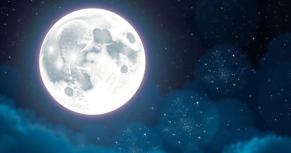 Starry night with a glowing full moon, representing zodiac signs, astrology, and positive energy.