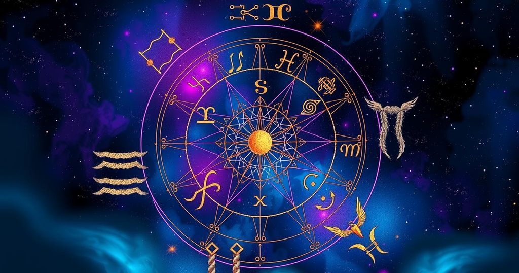 Astrological symbols with zodiac signs in vibrant colours against a mystical background