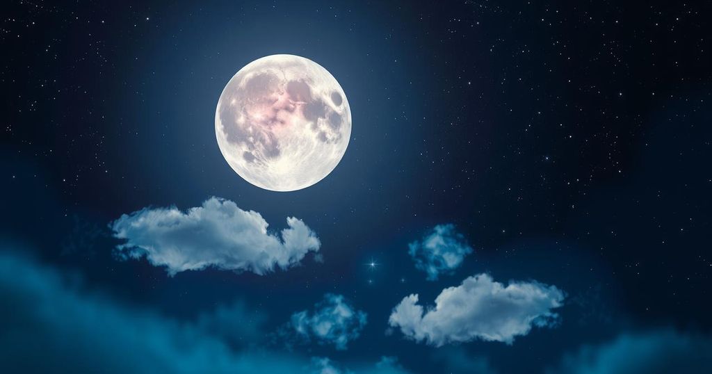 Celestial scene showing a full moon in a starry sky with deep blue tones, reflecting emotional and cosmic themes.