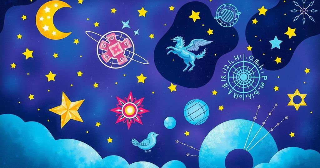 Celestial-themed horoscope illustration with zodiac symbols, stars, and a colourful cosmic background.