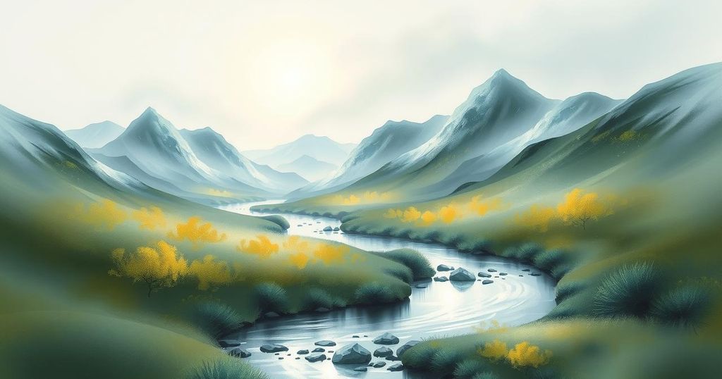 A tranquil scene with a silver backdrop, symbolising emotional strength and harmony, with peaceful nature elements.