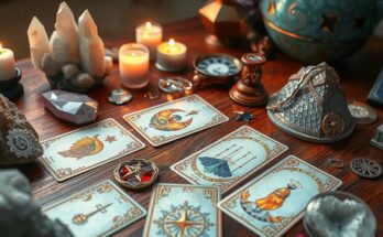 A tarot card spread on a table with astrological symbols, crystals and soft lighting, evoking mystical atmosphere.